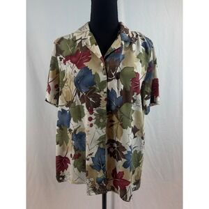 Vintage Style Autumn Print Short Sleeve Button Down Shirt Size 12